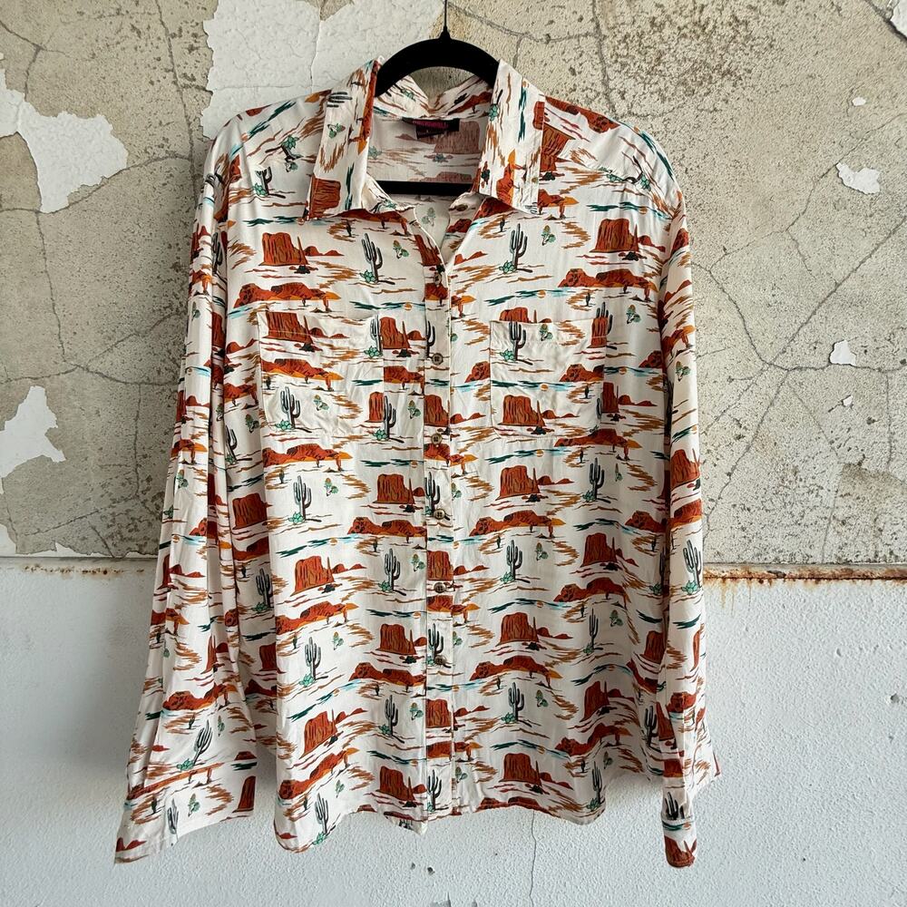 Desert Print Western Button Down Shirt Cactus Red Rock Long Sleeve Cowboy L